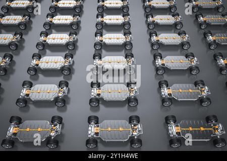 gruppo di rendering 3d della batteria del veicolo elettrico o gruppo di moduli celle a sacchetto agli ioni di litio con carro in fila Foto Stock