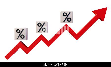 rendering 3d di una freccia rossa rivolta verso l'alto e cubi con simboli di percentuale, suggerendo qualcosa relativo alle percentuali, come i tassi di interesse, gonfiare Foto Stock