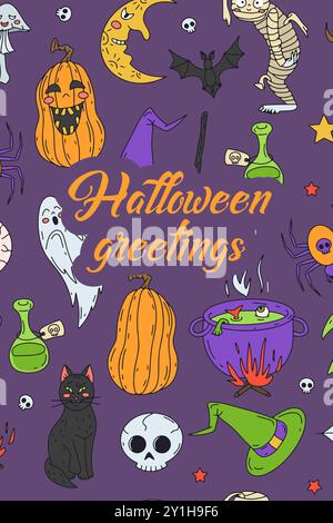 Cartolina o poster con una simpatica illustrazione di Halloween con zucche ed elementi strepitosi Illustrazione Vettoriale