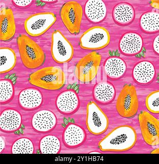 frutta acquerello sfondo rosa papaya drago frutto disegno vettoriale disegnato a mano Illustrazione Vettoriale