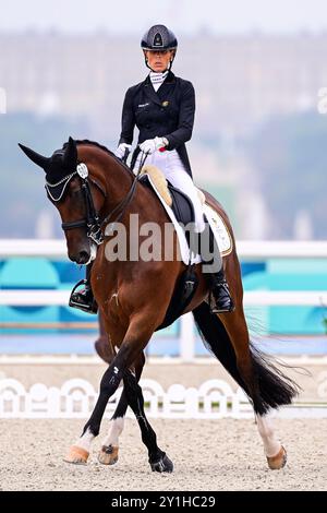 Parigi, Francia. 7 settembre 2024. Il belga Michele George, raffigurato in azione durante l'evento equestre Dressage Grade V, Grand Prix Freestyle test, il giorno 11 dei Giochi Paralimpici estivi 2024 a Parigi, in Francia, sabato 07 settembre 2024. Le 17 Paralimpiadi si svolgeranno dal 28 agosto all'8 settembre 2024 a Parigi. BELGA PHOTO LAURIE DIEFFEMBACQ credito: Belga News Agency/Alamy Live News Foto Stock