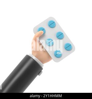 rendering 3d. Icona confezione di pillole. Mano di cartone animato medico o farmacista con pelle nera contenente farmaci. Illustrazione per il settore medicale. Clip farmaceutica a Foto Stock