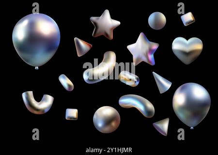 Conchiglie 3d cromato, figure vettoriali. stile y2k, stella ed elementi per il design complimenti, poster. Metallo, volume cromato. Illustrazione Vettoriale