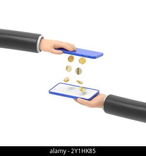 Pagamento mobile trasferimento di denaro isometria 3d piano concetto di transazione finanziaria isometrica illustrazione 3d Web. Gocce di moneta che piovono da uno smartphone a. Foto Stock