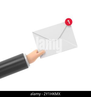 Informazioni sul messaggio ricevuto. Nuovo, messaggio in arrivo e-mail, sms. Servizio di consegna della posta. Busta in mano. ricevi posta. Rendering 3D su sfondo bianco. Foto Stock