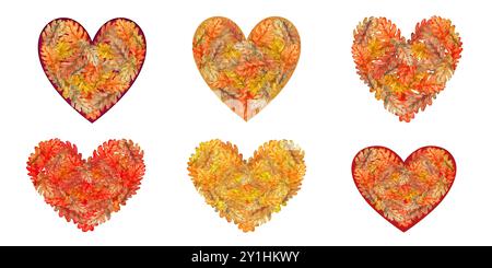 Forma a cuore fatta di foglie autunnali di rovere arancione, giallo e marrone. Illustrazione botanica acquerello. Sagoma con struttura fogliare naturale, per st Foto Stock
