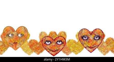 Bordo del cuore senza cuciture con una maschera con gli occhi e un sorriso di foglie di arancio autunnale e quercia. Illustrazione botanica acquerello. Modello con testo fogliame Foto Stock