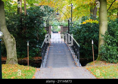 Un pittoresco ponte in un tranquillo parco, circondato da lussureggianti alberi verdi e fogliame autunnale. Il ponte conduce ad un ingresso recintato, creando un tra Foto Stock