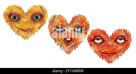 Set di cuore con una maschera con gli occhi e un sorriso fatto di foglie di rovere d'arancia autunnale. Illustrazione botanica acquerello. Modello con testo fogliame naturale Foto Stock