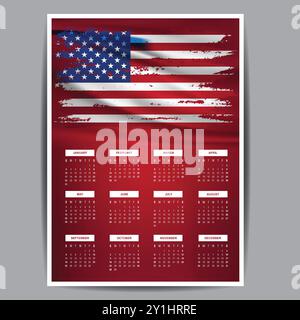 La settimana di calendario inizia lunedì modello di design aziendale bandiera americana con un colore a tema americano Illustrazione Vettoriale