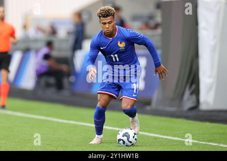 Angers, Francia. 10 gennaio 2021. Désiré Doué di Francia durante il Campionato UEFA Under 21 2025, qualificazioni, partita di calcio del gruppo H tra Francia e Slovenia il 6 settembre 2024 allo stadio Raymond Kopa di Angers, Francia - Photo Pierre Minier/Ouest Médias/DPPI Credit: DPPI Media/Alamy Live News Foto Stock