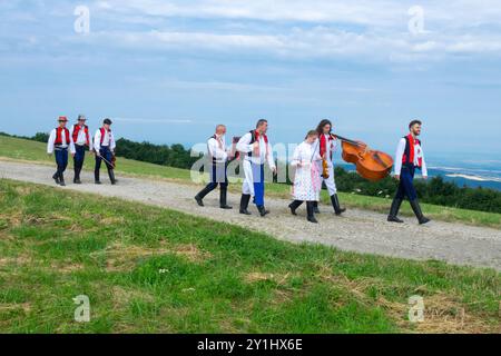 Un gruppo di persone in abbigliamento tradizionale cammina su un sentiero rurale con strumenti musicali in una giornata limpida nella Repubblica Ceca Foto Stock