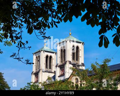 Salisburgo, Austria - 31 agosto 2024: Le torri gemelle della chiesa, con una splendida vegetazione in primo piano, si estendono verso un cielo blu luminoso, che mostra l'eleg Foto Stock