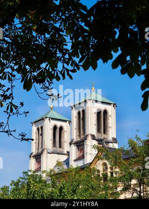 Salisburgo, Austria - 31 agosto 2024: Le torri gemelle della chiesa, con una splendida vegetazione in primo piano, si estendono verso un cielo blu luminoso, che mostra l'eleg Foto Stock