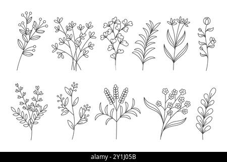 Set di elementi floreali Line Art disegnati a mano Illustrazione Vettoriale