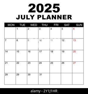 Calendario luglio 2025. La settimana inizia lunedì. Modello calendario vuoto. Adatta alla pagina formato lettera. Design di cancelleria. Calendario semplice 2025. Mensilmente . Illustrazione Vettoriale