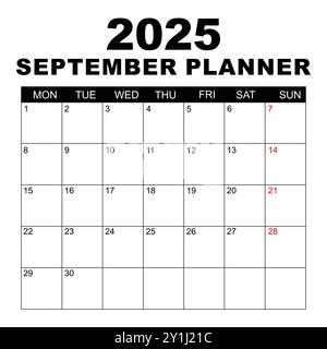 Calendario di settembre 2025. La settimana inizia lunedì. Modello calendario vuoto. Adatta alla pagina formato lettera. Design di cancelleria. Calendario semplice 2025. Mensilmente . Illustrazione Vettoriale