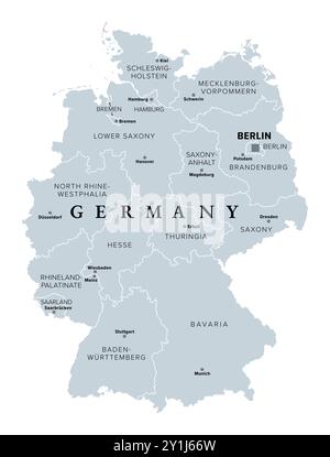 Germania, 16 stati costituenti con confini e capitali, mappa politica grigia. Ufficialmente la Repubblica Federale di Germania, un paese dell'Europa centrale. Foto Stock