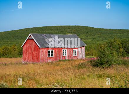 Kautokeino, Norvegia. 4 agosto 2024. Un'antica capanna nella distesa estiva della Lapponia norvegese nell'estremo nord vicino alla città di Kautokeino nella provincia di Finnmark. Crediti: Patrick Pleul/dpa/Alamy Live News Foto Stock