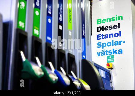 Diversi tipi di pompe di carburante in una stazione di servizio. Foto Stock