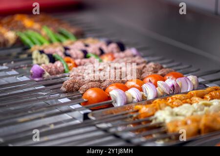 carne e verdure alla griglia sugli spiedini. Seekh kabab Foto Stock