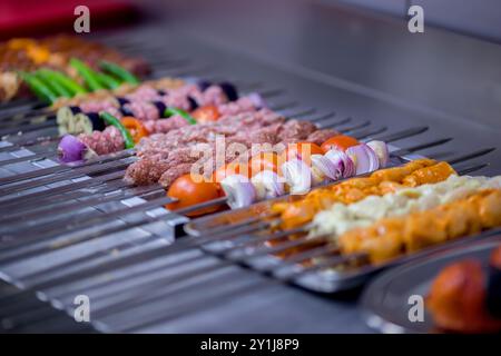 carne e verdure alla griglia sugli spiedini. Seekh kabab Foto Stock