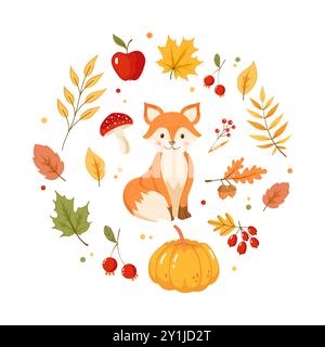 Carino cartone animato volpe e altri elementi autunnali illustrazione vettoriale Illustrazione Vettoriale