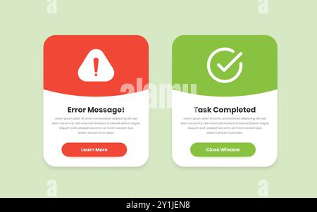 Design minimalista per i messaggi di errore e le schermate di completamento delle attività con i pulsanti di azione Illustrazione Vettoriale