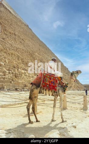 Il complesso piramidale di Giza, noto anche come necropoli di Giza, il Cairo, Egitto. Cammello e cavaliere. Foto Stock