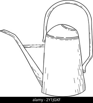 Strumenti da giardinaggio icone lineari e scarabocchi. Annaffiare lattine, irrigare, irrorare. Per fioristi, coltivatori di fiori, giardinieri, cura delle piante. Disegni in linea Illustrazione Vettoriale