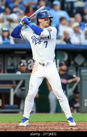 3 settembre 2024: L'interbase dei Kansas City Royals Bobby Witt Jr. (7) batte contro i Cleveland Guardians al Kauffman Stadium di Kansas City, Missouri. David Smith/CSM Foto Stock