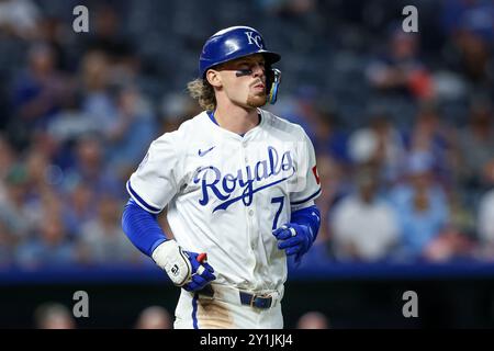 3 settembre 2024: L'interbase dei Kansas City Royals Bobby Witt Jr. (7) durante una partita contro i Cleveland Guardians al Kauffman Stadium di Kansas City, Missouri. David Smith/CSM Foto Stock