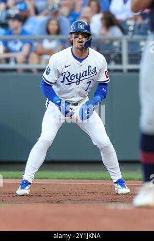 3 settembre 2024: L'interbase dei Kansas City Royals Bobby Witt Jr. (7) durante una partita contro i Cleveland Guardians al Kauffman Stadium di Kansas City, Missouri. David Smith/CSM Foto Stock