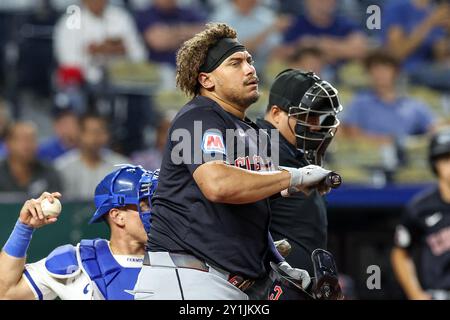 Kansas City, Missouri, Stati Uniti. 3 settembre 2024. Josh Naylor (22 anni), prima base dei Cleveland Guardians, durante una partita contro i Kansas City Royals al Kauffman Stadium di Kansas City, Missouri. David Smith/CSM (immagine di credito: © David Smith/Cal Sport Media). Crediti: csm/Alamy Live News Foto Stock