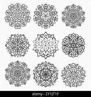 set di mandala ornamentale. Elementi decorativi etnici. Sfondo disegnato a mano. Motivi islamici, arabi, indiani, ottomani. Illustrazione Vettoriale