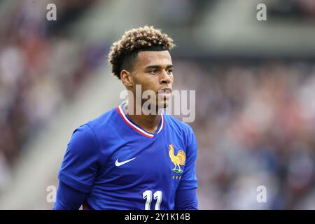 Desire Doue di Francia durante il Campionato UEFA Under 21 2025, qualificazioni, partita di calcio del gruppo H tra Francia e Slovenia il 6 settembre 2024 allo stadio Raymond Kopa di Angers, Francia Foto Stock