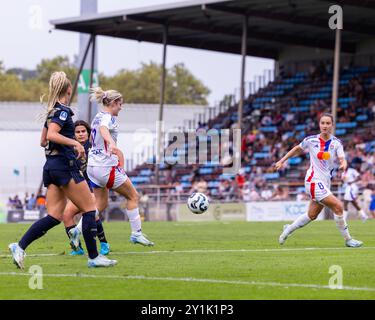 Bourgoin Jallieu, Francia. 7 settembre 2024. Ellie Carpenter (12 Olympique Lyonnais) durante l'amichevole tra Olympique Lyonnais e Juventus FC allo Stade Pierre Rajon di Bourgouin-Jallieu, Francia. (Pauline FIGUET/SPP) credito: SPP Sport Press Photo. /Alamy Live News Foto Stock