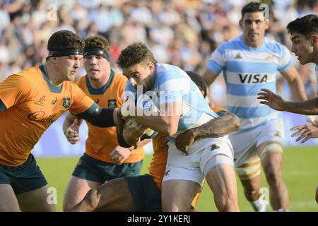 Santa Fe, Argentina. 7 settembre 2024. Santa Fé, Argentina - 7 settembre 2034: I Pumas giocano una nuova partita del campionato di rugby per il quarto turno, cercando vendetta contro l'Australia dopo quello che è successo la scorsa settimana. Il team, guidato da Felipe Contepomi, riceverà i Wallabies a Santa Fe. Per questa partita, l'allenatore ha apportato quattro cambiamenti alla squadra di partenza, evidenziando il cambiamento nella posizione di apertura: Tomás Albornoz sostituirà Santiago Carreras, il che significa un aggiustamento chiave nella strategia di gioco. Crediti: UNAR Photo/Alamy Live News Foto Stock