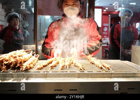 Venditore di spiedini nella vecchia strada di Dashilan a Pechino Foto Stock