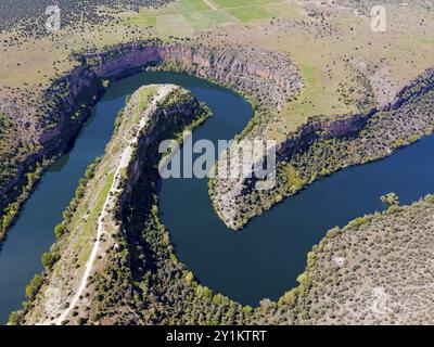 Vista panoramica di un fiume che scorre attraverso gole spettacolari e fitta vegetazione, vista aerea, gola, Parco naturale delle Gole del fiume Duraton, Foto Stock