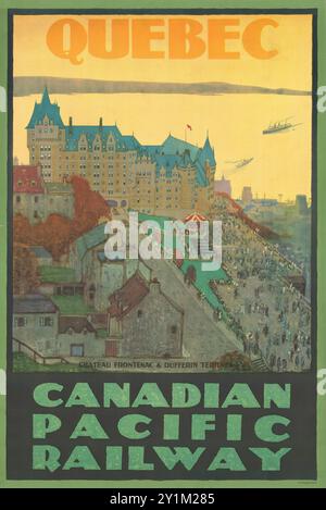 Quebec City mostra lo Chateau Frontenac e la Dufferin Terrace sul fiume. Poster di viaggio vintage della Canadian Pacific Railway, anni '1930 Foto Stock