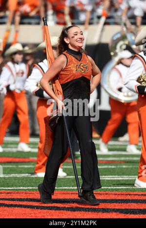 Stillwater, OK, USA. 7 settembre 2024. Membro di una band dello stato dell'Oklahoma prima di una partita di football tra gli Arkansas Razorbacks e gli Oklahoma State Cowboys al Boone Pickens Stadium di Stillwater, Oklahoma. Gray Siegel/CSM/Alamy Live News Foto Stock