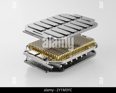 Vista esplosa del modulo batteria di veicoli elettrici con rendering 3d con celle cilindriche dorate Foto Stock