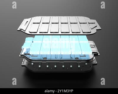 Vista esplosa del modulo delle celle della batteria del veicolo elettrico con rendering 3d con incandescenza Foto Stock