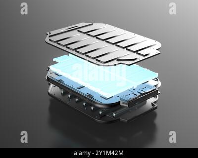 Vista esplosa del modulo delle celle della batteria del veicolo elettrico con rendering 3d con incandescenza Foto Stock