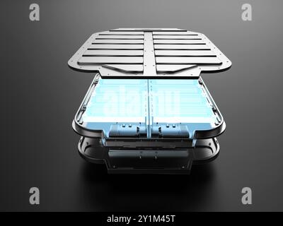 Vista esplosa del modulo delle celle della batteria del veicolo elettrico con rendering 3d con incandescenza Foto Stock