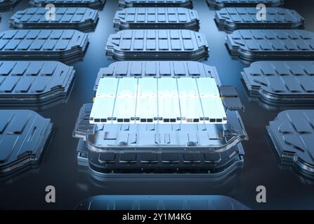 Vista esplosa del modulo delle celle della batteria del veicolo elettrico con rendering 3d con incandescenza Foto Stock