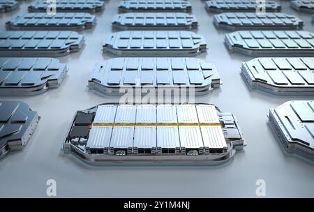 gruppo di rendering 3d di batterie per veicoli elettrici o pacchetto di moduli di celle a bustina agli ioni di litio Foto Stock