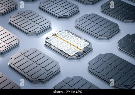 gruppo di rendering 3d di batterie per veicoli elettrici o pacchetto di moduli di celle a bustina agli ioni di litio Foto Stock