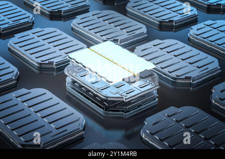 Vista esplosa del modulo delle celle della batteria del veicolo elettrico con rendering 3d. Foto Stock